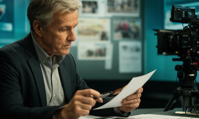 Mihai Cernat în redacție, analizând note și cadre de filmare lângă un panou de știri