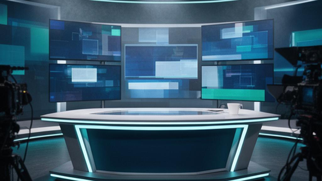 Studio TV modern cu monitoare de știri, lumini reci și o masă de redacție pregătită pentru emisie