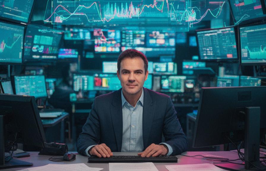 Redactor la pupitru cu monitoare de știri și grafice live într-o redacție din Brașov