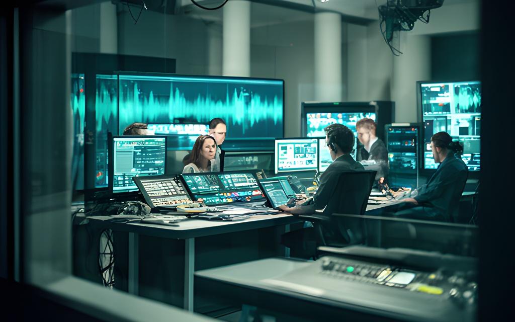 Regie TV din Codlea cu ecrane de control, jurnalist la pupitru și lumină rece de studio