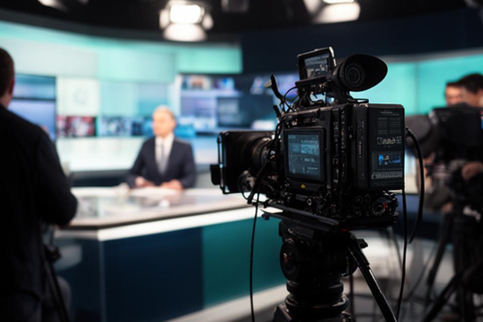 Redacție TV cu monitoare de știri și cameră pregătită pentru transmisie în Codlea, Brașov