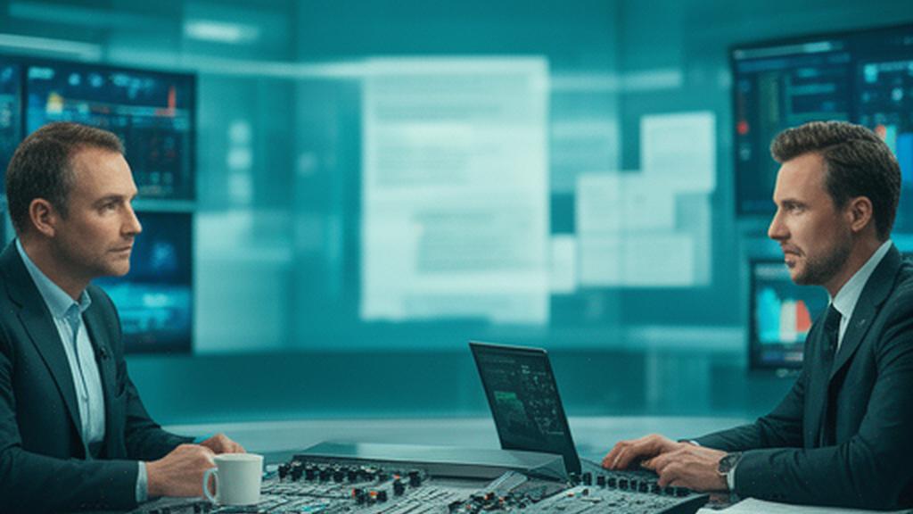 Echipă TV la o masă de lucru cu documente, un laptop și un panou de control într-un studio luminat rece