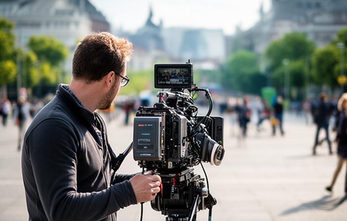 Cameraman TV filmând o transmisiune live în piața centrală din Codlea, cu echipament de teren